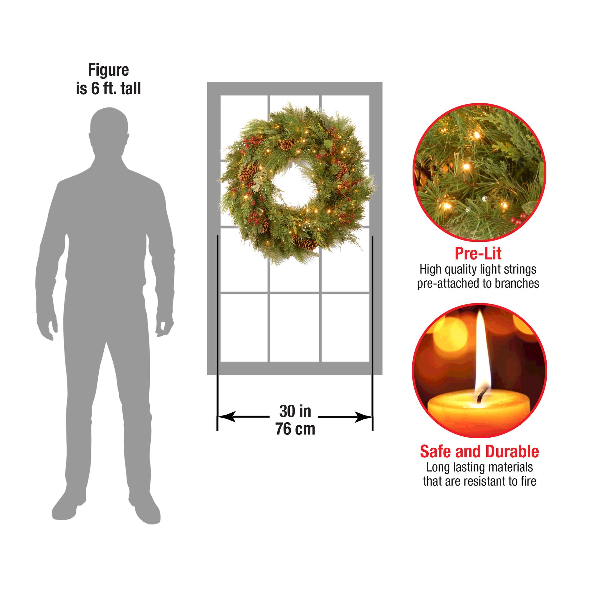 30" White Pine & Pine Cones Wreath With Soft White LED Lights